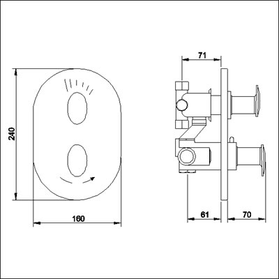 Technical image of Ultra Ella Twin concealed shower valve with diverter