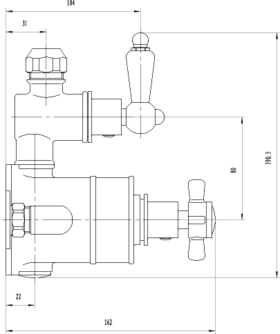 Technical image of Ultra Showers Traditional Exposed Thermostatic Shower Valve & Rigid Riser.