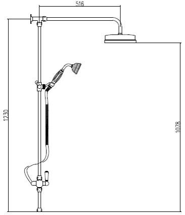 Technical image of Ultra Showers Traditional Exposed Thermostatic Shower Valve & Rigid Riser.