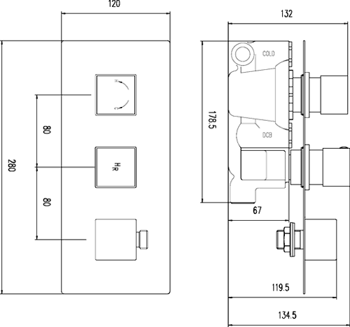 Technical image of Hudson Reed Kubix 3/4" Thermostatic Shower Valve, Diverter, Head & Slide Rail.