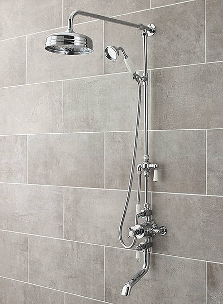 Larger image of Ultra Showers Triple Exposed Valve With Rigid Riser Kit & Bath Spout.