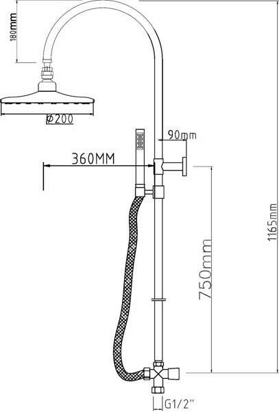 Technical image of Ultra Showers Ocean Manual Exposed Shower Valve & Zephyr Kit.