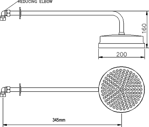 Technical image of Hudson Reed Tec 8" fixed shower head and arm