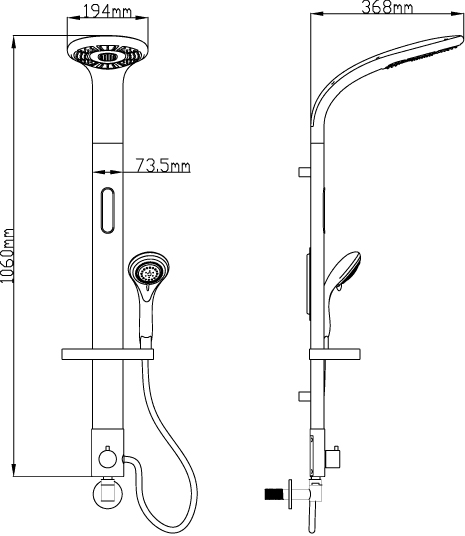 Technical image of Hudson Reed Soothe Modern Rigid Riser Shower Kit, LED Lights (Black).