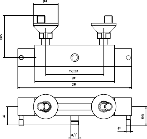 Technical image of Hudson Reed Bar Shower Thermostatic Bar Shower Valve (Top Or Bottom Outlet)