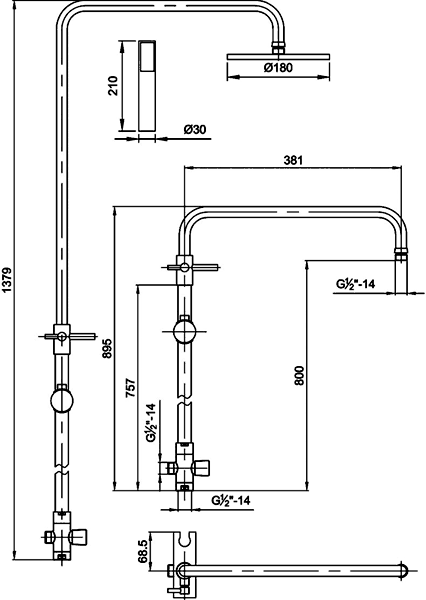 Technical image of Hudson Reed Bar Shower Thermostatic Bar Shower Valve, Adjustable Riser Set.