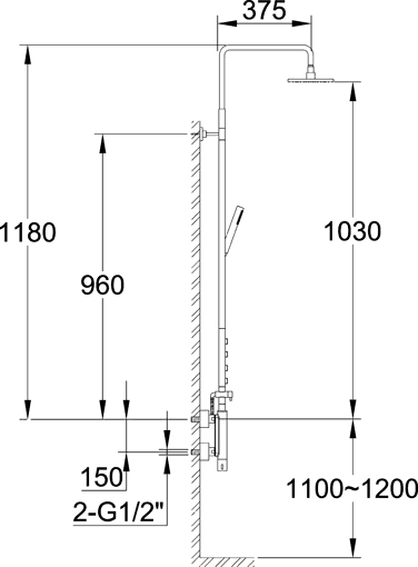 Technical image of Hudson Reed Bar Shower Indulge Shower Set With 4 Jets. Thermostatic.