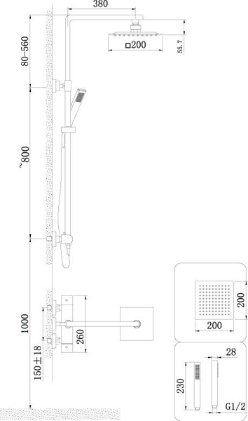 Technical image of Hudson Reed Bar Showers Thermostatic Bar Valve & Rigid Riser Kit.
