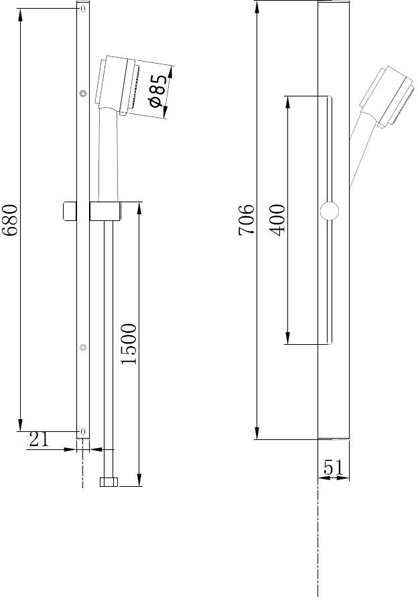 Technical image of Ultra Showers Square Slide Rail Kit With Round Handset (Chrome).