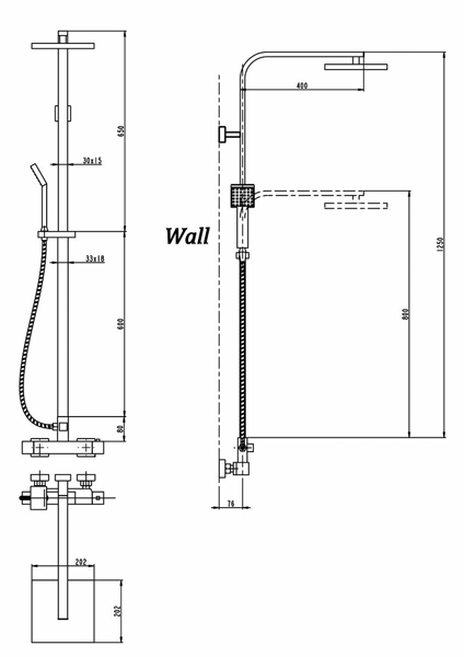 Technical image of Ultra Showers Square Thermostatic Bar Shower Valve & Riser Kit.