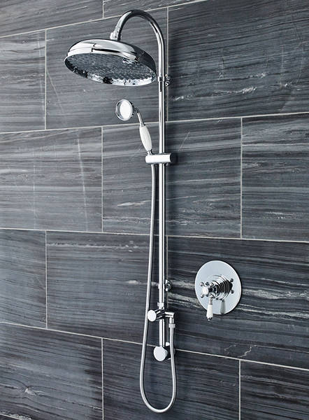 Larger image of Ultra Showers Traditional Thermostatic Dual Shower Valve With Rigid Riser Kit.