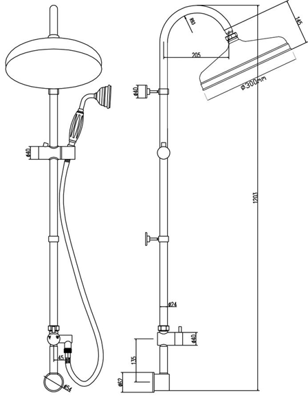 Technical image of Ultra Showers Traditional Thermostatic Dual Shower Valve With Rigid Riser Kit.