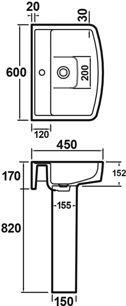Technical image of Premier Ambrose Bathroom Suite With Toilet, 600mm Basin & Pedestal.