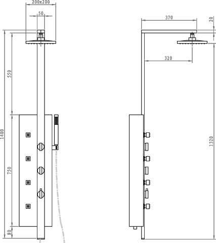 Technical image of Hudson Reed Dream Shower Fiji Thermostatic Shower Panel.