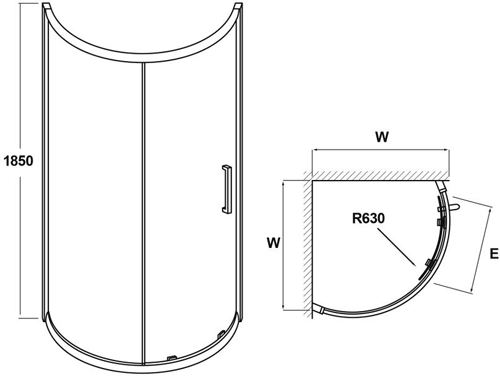 Technical image of Nuie Enclosures D Shaped Corner Shower Enclosure & Tray.