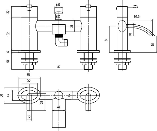 Technical image of Hudson Reed Arina Bath Shower Mixer Tap With Shower Kit & Wall Bracket.