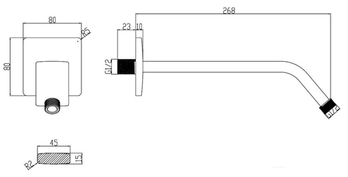 Technical image of Component Curved Wall Mounted Shower Arm (Chrome).