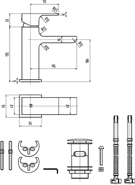 Technical image of Hudson Reed Art Bath Filler Tap & Waterfall Basin Tap (Chrome).