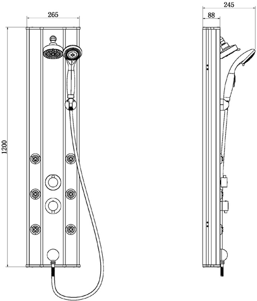 Technical image of Nuie Showers Ripple Thermostatic Push Button Shower Panel (Aluminium).