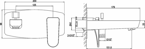 Technical image of Hudson Reed Aspire Basin & Wall Mounted Bath Shower Mixer Tap Set.