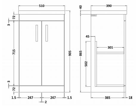 Technical image of Nuie Furniture Vanity Unit With 2 x Doors & Basin 500mm (Brown Grey Avola).