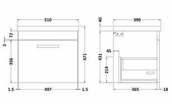 Technical image of Nuie Furniture Wall Vanity Unit With 1 x Drawer & Basin 500mm (Grey Avola).