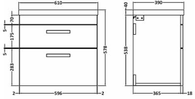 Technical image of Nuie Furniture Wall Vanity Unit With 2 x Drawer & Basin 500mm (Driftwood).