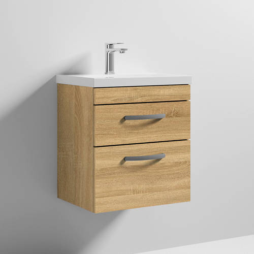 Larger image of Nuie Furniture Wall Vanity Unit With 2 x Drawer & Basin 500mm (Natural Oak).