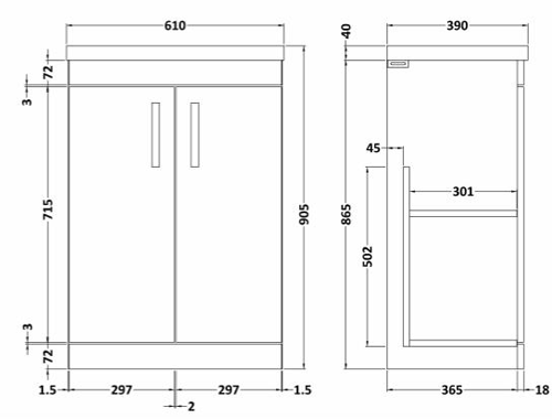 Technical image of Nuie Furniture Vanity Unit With 2 x Doors & Basin 600mm (Driftwood).