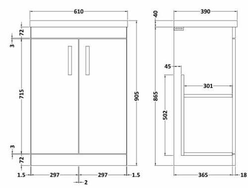 Technical image of Nuie Furniture Vanity Unit With 2 x Doors & Basin 600mm (Brown Grey Avola).