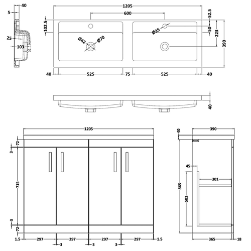 Technical image of Nuie Furniture Vanity Unit With 4 x Doors & Double Basin (Hacienda Black).