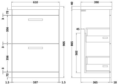 Technical image of Nuie Furniture Vanity Unit With 2 x Drawers & Basin 600mm (Brown Grey Avola).