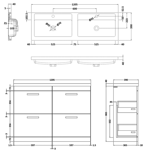 Technical image of Nuie Furniture Vanity Unit With 4 x Drawers & Double Basin (Brown Grey Avola).