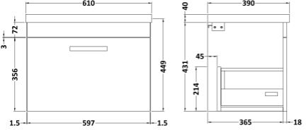 Technical image of Nuie Furniture Wall Vanity Unit With 1 x Drawer & Basin 600mm (Driftwood).