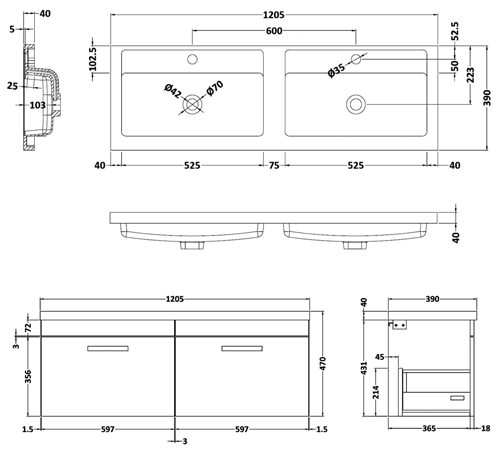 Technical image of Nuie Furniture Wall Vanity Unit With 2 x Drawers & Double Basin (Driftwood).