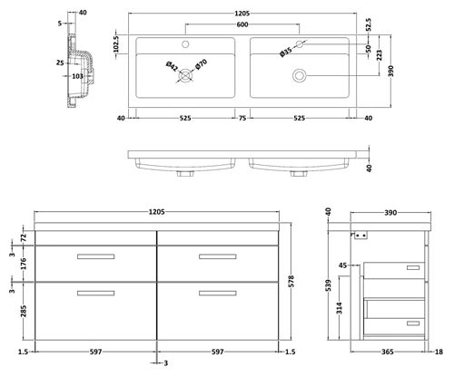 Technical image of Nuie Furniture Wall Vanity Unit With 4 x Drawers & Double Basin (Driftwood).