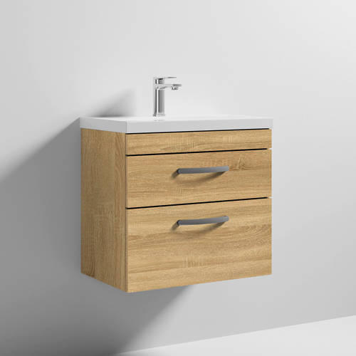 Larger image of Nuie Furniture Wall Vanity Unit With 2 x Drawer & Basin 600mm (Natural Oak).
