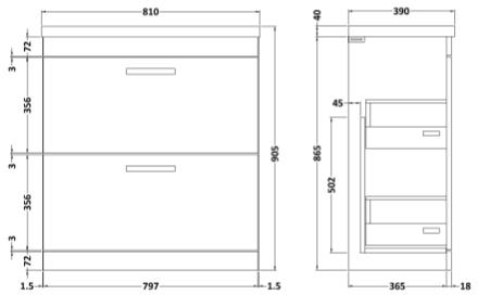 Technical image of Nuie Furniture Vanity Unit With 2 x Drawers & Basin 800mm (Driftwood).