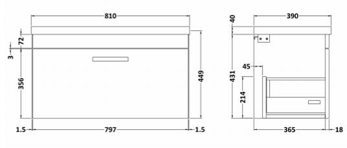 Technical image of Nuie Furniture Wall Vanity Unit With 1 x Drawer & Basin 800mm (Natural Oak).