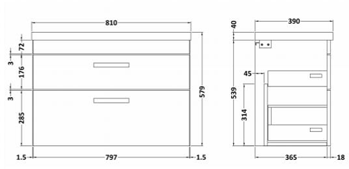 Technical image of Nuie Furniture Wall Vanity Unit With 2 x Drawer & Basin 800mm (Driftwood).