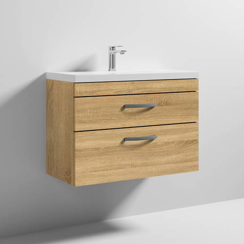 Larger image of Nuie Furniture Wall Vanity Unit With 2 x Drawer & Basin 800mm (Natural Oak).