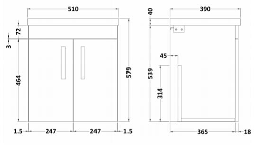 Technical image of Nuie Furniture Wall Vanity Unit With 2 x Doors & Basin 500mm (Stone Grey).