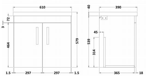 Technical image of Nuie Furniture Wall Vanity Unit With 2 x Doors & Basin 600mm (Driftwood).