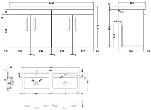 Technical image of Nuie Furniture Wall Vanity Unit With 4 x Doors & Double Basin (Stone Grey).