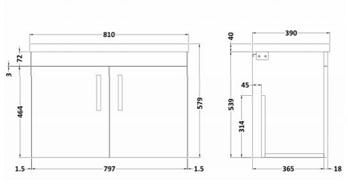 Technical image of Nuie Furniture Wall Vanity Unit With 2 x Doors & Basin 800mm (Driftwood).