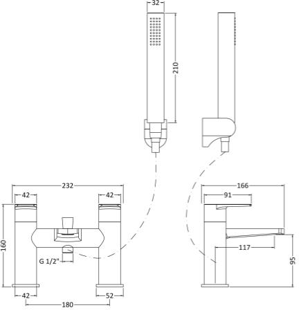 Technical image of Nuie Bailey Tall Basin & Bath Shower Mixer Tap Pack (Chrome).