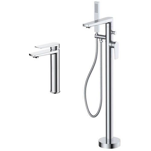 Larger image of Nuie Bailey Tall Basin & Floor Standing Bath Shower Mixer Tap Pack (Chrome).