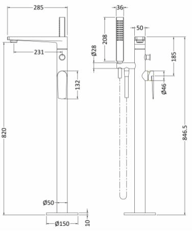 Technical image of Nuie Bailey Tall Basin & Floor Standing Bath Shower Mixer Tap Pack (Chrome).