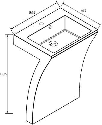 Technical image of Hudson Reed Basins 7 Basin, One Piece Basin & Pedestal. 580x467x835mm.