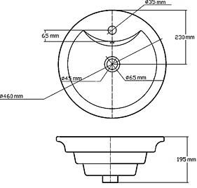 Technical image of Ultra Basins Freestanding Round Vanity Basin 460mm Diameter (1 tap hole).